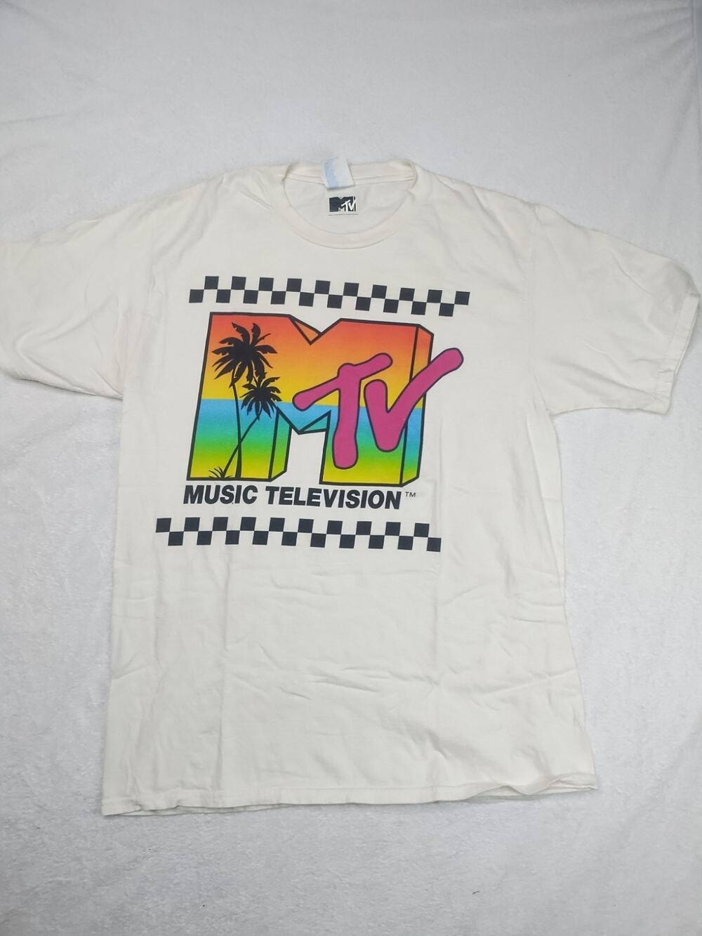 New 80s Retro MTV Beach Palm Tree Men’s Size Small T-Shirt White Ocean Summer